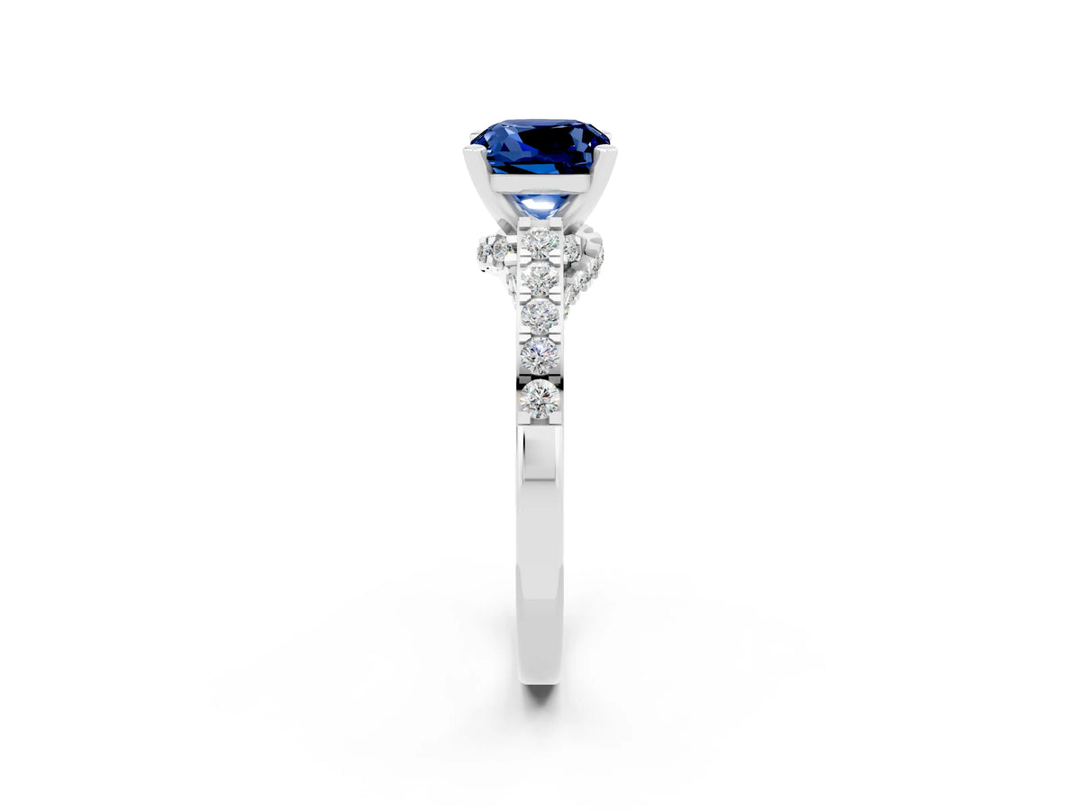 Cushion Cut Blue Sapphire Solitaire Ring in Platinum with Crossover Gallery and Round Pavé Band_2