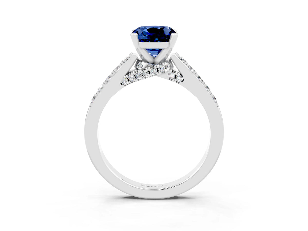 Cushion Cut Blue Sapphire Solitaire Ring in Platinum with Crossover Gallery and Round Pavé Band_3