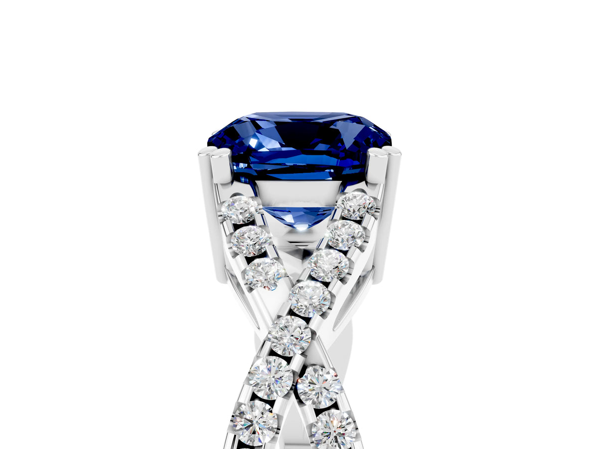 Cushion Cut Blue Sapphire Solitaire Ring in Platinum with Interwoven Pavé Band and Prong Setting_11