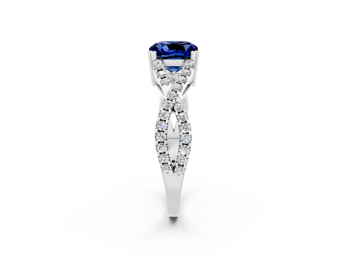 Cushion Cut Blue Sapphire Solitaire Ring in White gold with Interwoven Pavé Band and Prong Setting_2