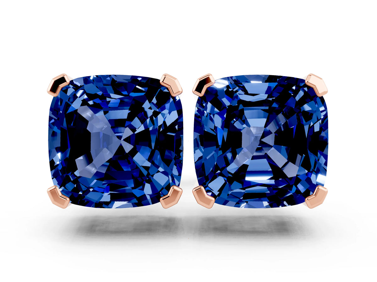 Cushion Cut Blue Sapphire Stud Earrings in Rose gold with Basket Setting
