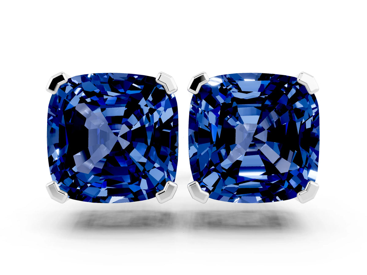 Cushion Cut Blue Sapphire Stud Earrings in White gold with Basket Setting