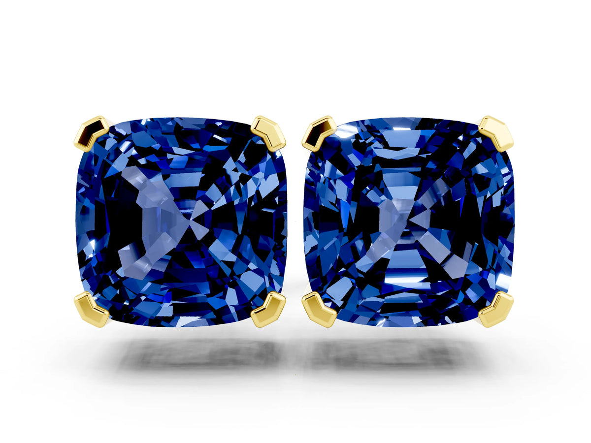 Cushion Cut Blue Sapphire Stud Earrings in Yellow gold with Basket Setting