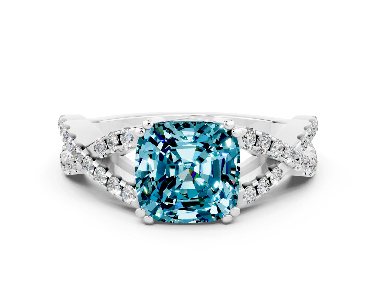 Cushion Cut Blue Topaz Solitaire Ring in Platinum with Interwoven Pavé Band and Prong Setting_12