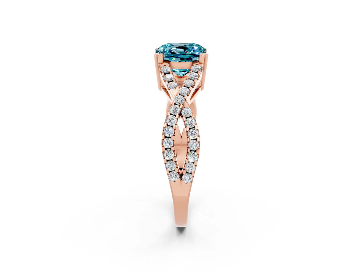 Cushion Cut Blue Topaz Solitaire Ring in Rose gold with Interwoven Pavé Band and Prong Setting_2