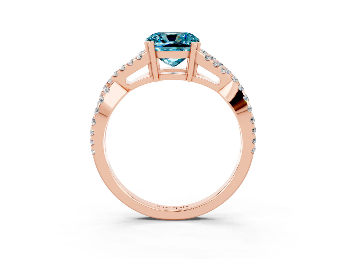 Cushion Cut Blue Topaz Solitaire Ring in Rose gold with Interwoven Pavé Band and Prong Setting_3