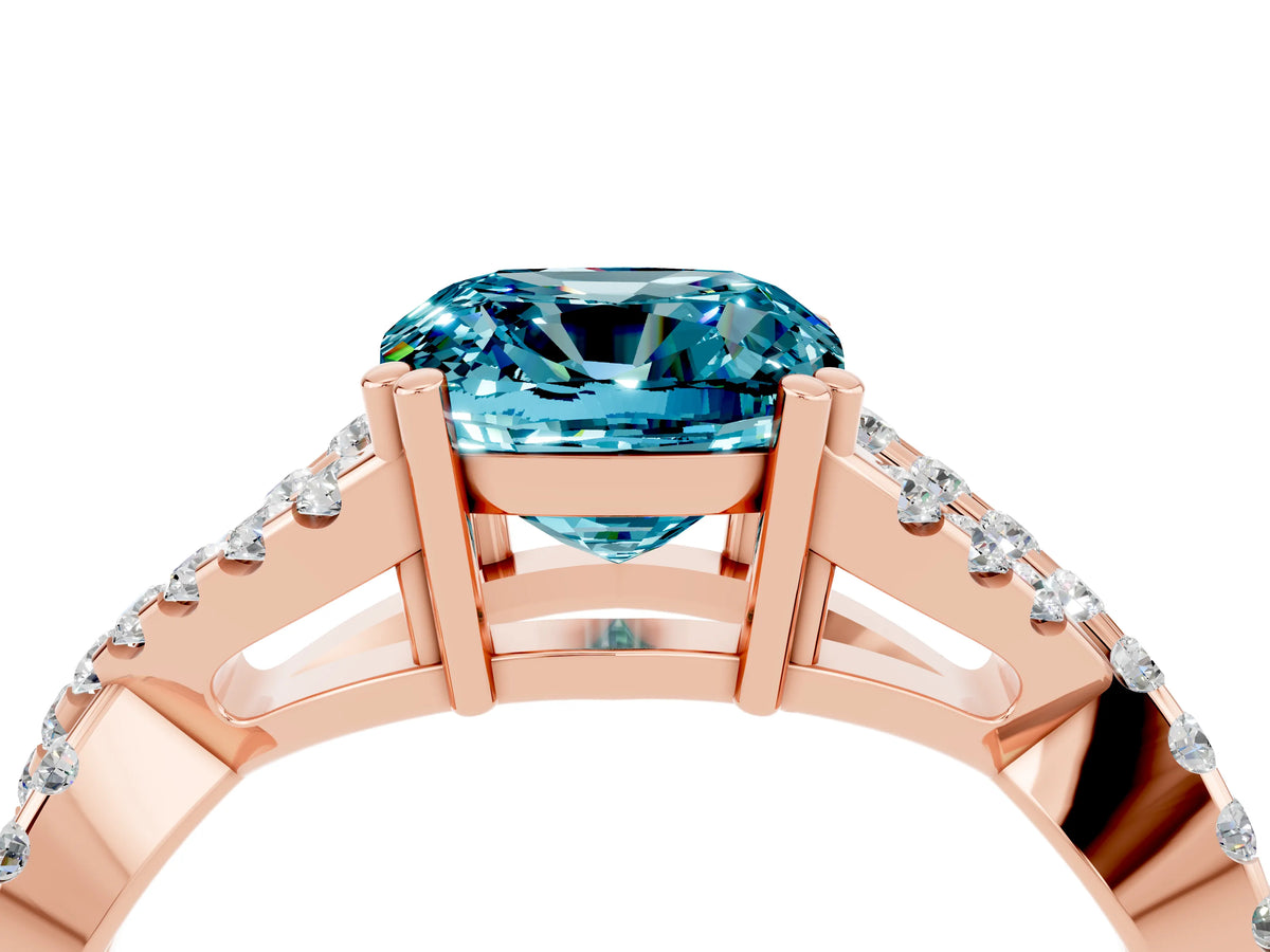 Cushion Cut Blue Topaz Solitaire Ring in Rose gold with Interwoven Pavé Band and Prong Setting_4