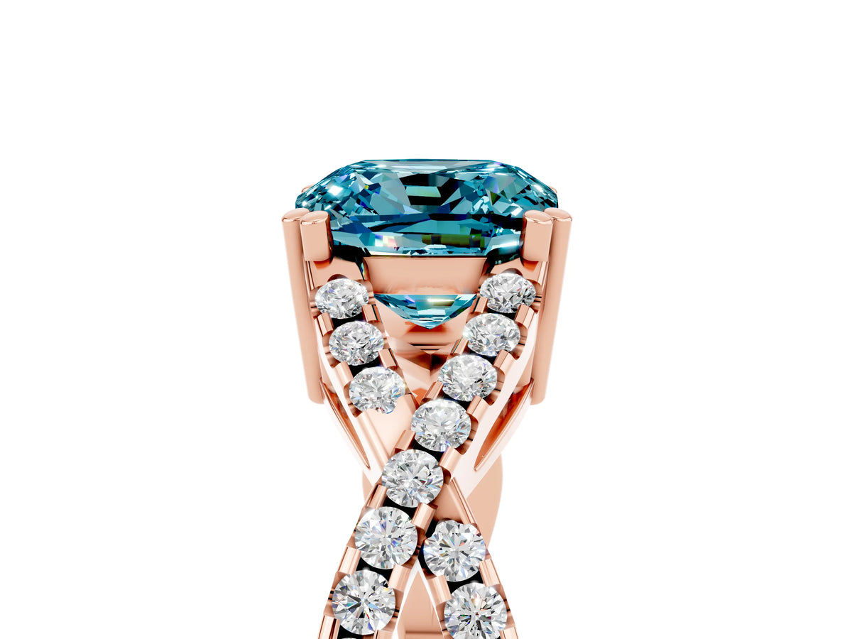 Cushion Cut Blue Topaz Solitaire Ring in Rose gold with Interwoven Pavé Band and Prong Setting_5