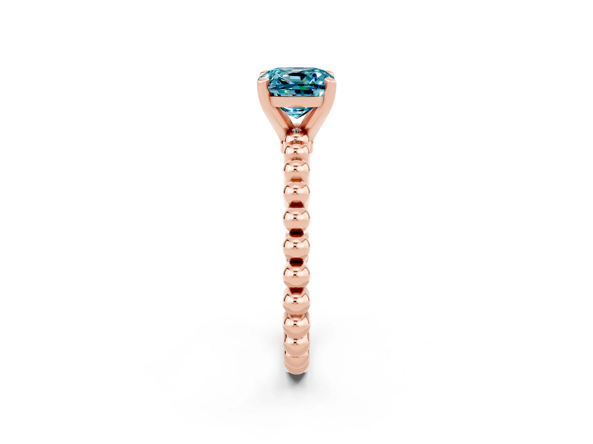 Cushion Cut Blue Topaz Solitaire Ring in Rose gold with Textured Beaded Band and Prong Setting_2