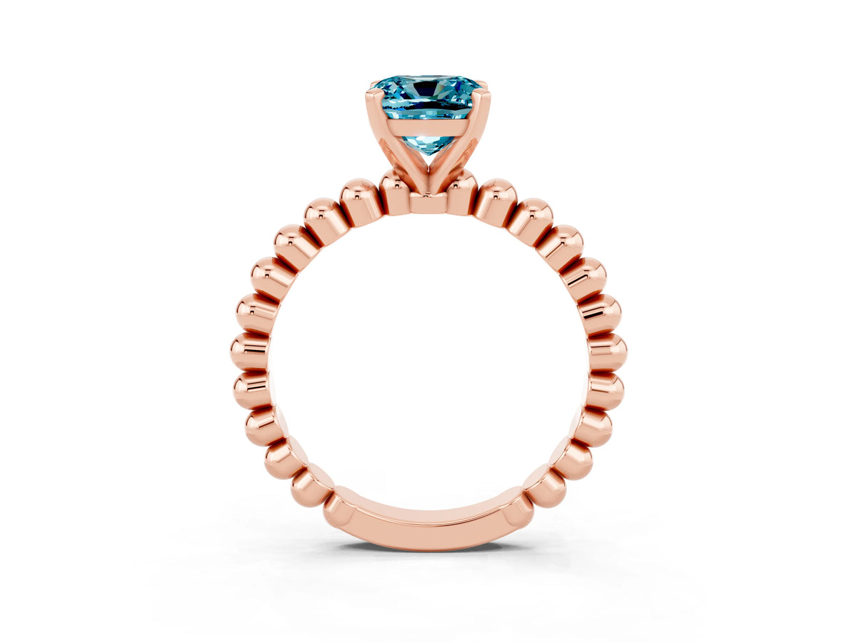 Cushion Cut Blue Topaz Solitaire Ring in Rose gold with Textured Beaded Band and Prong Setting_3