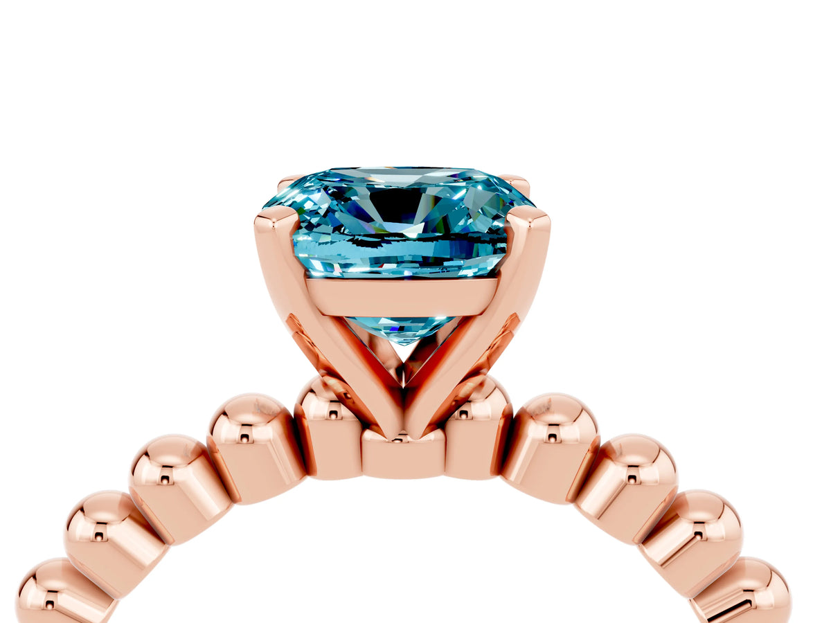 Cushion Cut Blue Topaz Solitaire Ring in Rose gold with Textured Beaded Band and Prong Setting_4