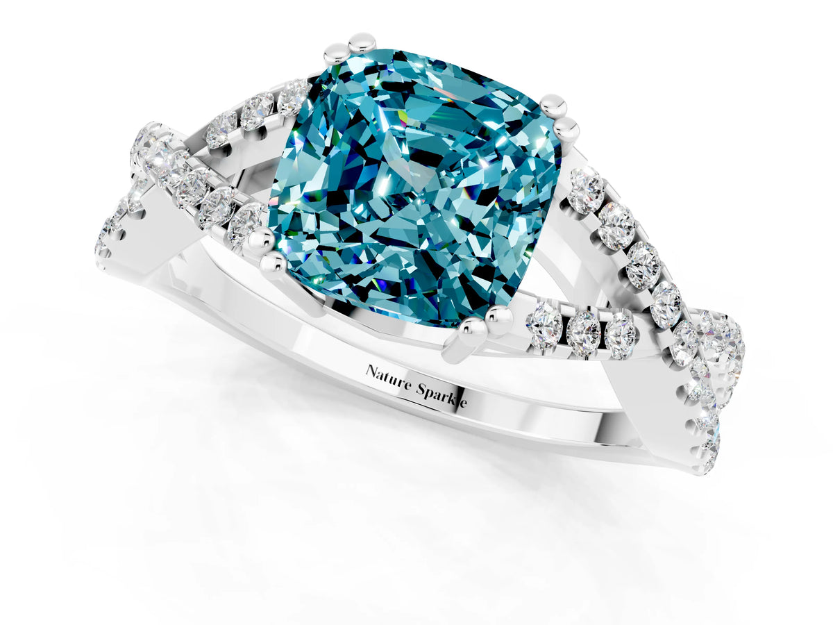 Cushion Cut Blue Topaz Solitaire Ring in Silver with Interwoven Pavé Band and Prong Setting_7