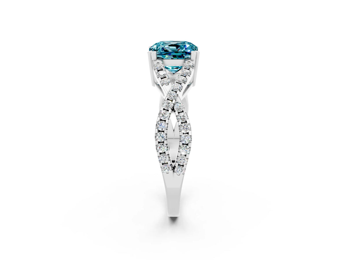 Cushion Cut Blue Topaz Solitaire Ring in Silver with Interwoven Pavé Band and Prong Setting_8
