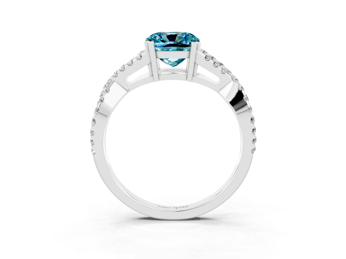 Cushion Cut Blue Topaz Solitaire Ring in White gold with Interwoven Pavé Band and Prong Setting_3