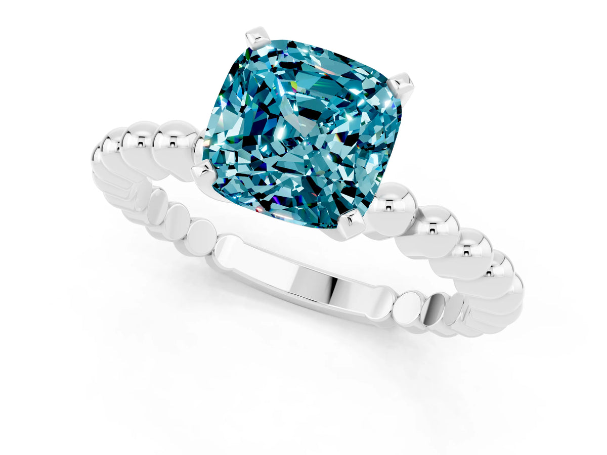 Cushion Cut Blue Topaz Solitaire Ring in White gold with Textured Beaded Band and Prong Setting_1