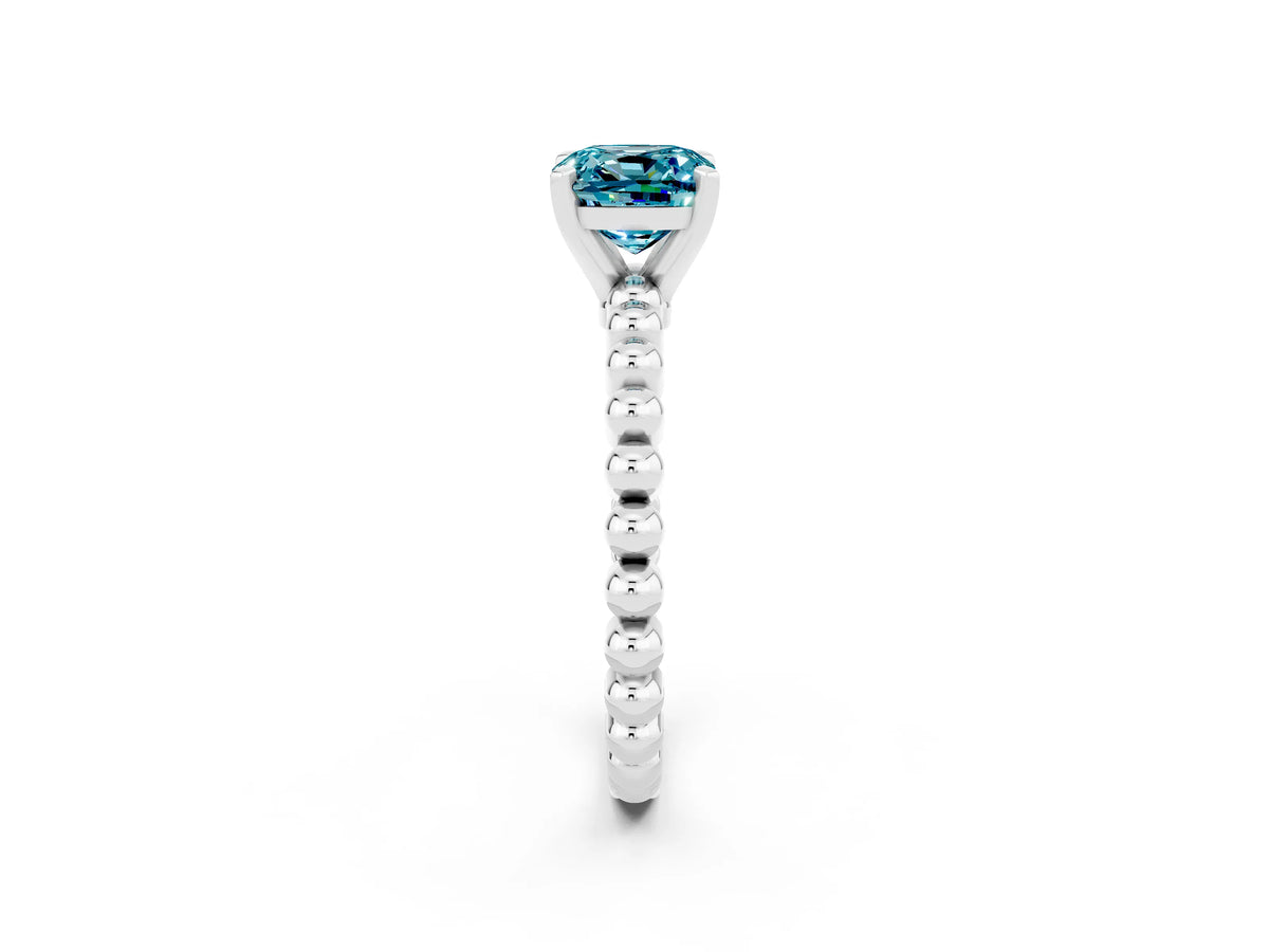 Cushion Cut Blue Topaz Solitaire Ring in White gold with Textured Beaded Band and Prong Setting_2