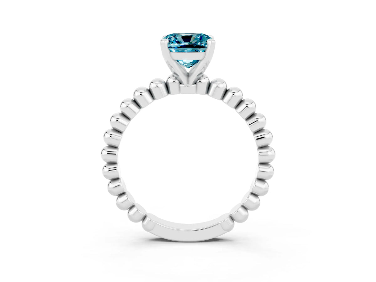 Cushion Cut Blue Topaz Solitaire Ring in White gold with Textured Beaded Band and Prong Setting_3