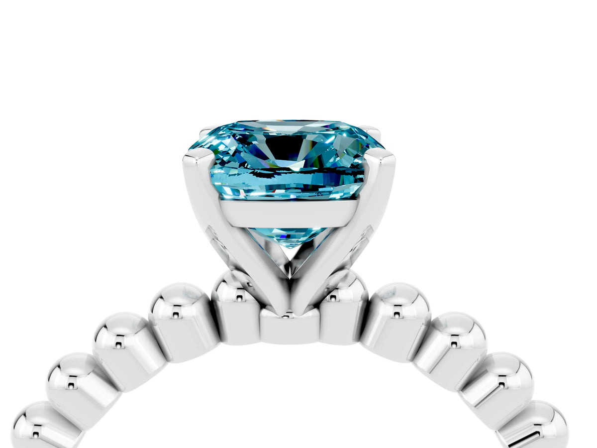 Cushion Cut Blue Topaz Solitaire Ring in White gold with Textured Beaded Band and Prong Setting_4
