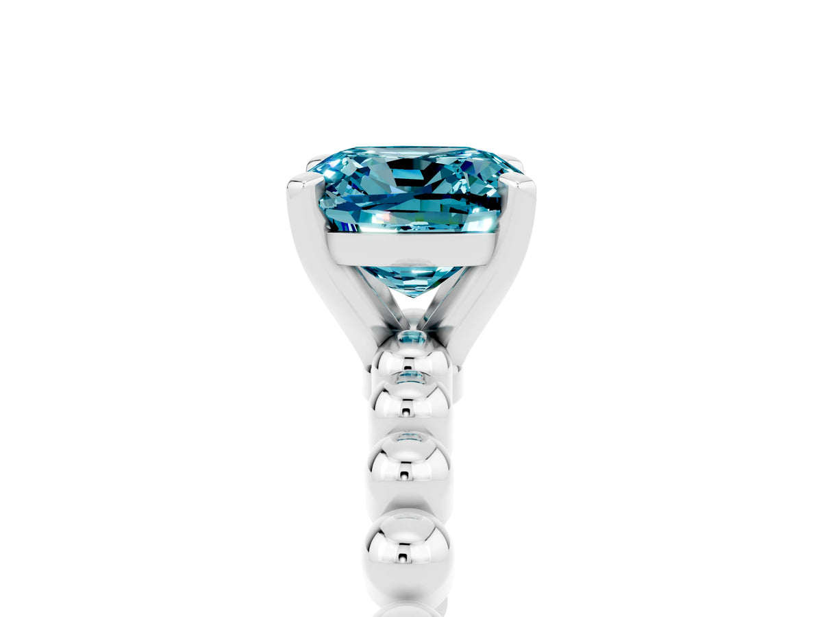 Cushion Cut Blue Topaz Solitaire Ring in White gold with Textured Beaded Band and Prong Setting_5