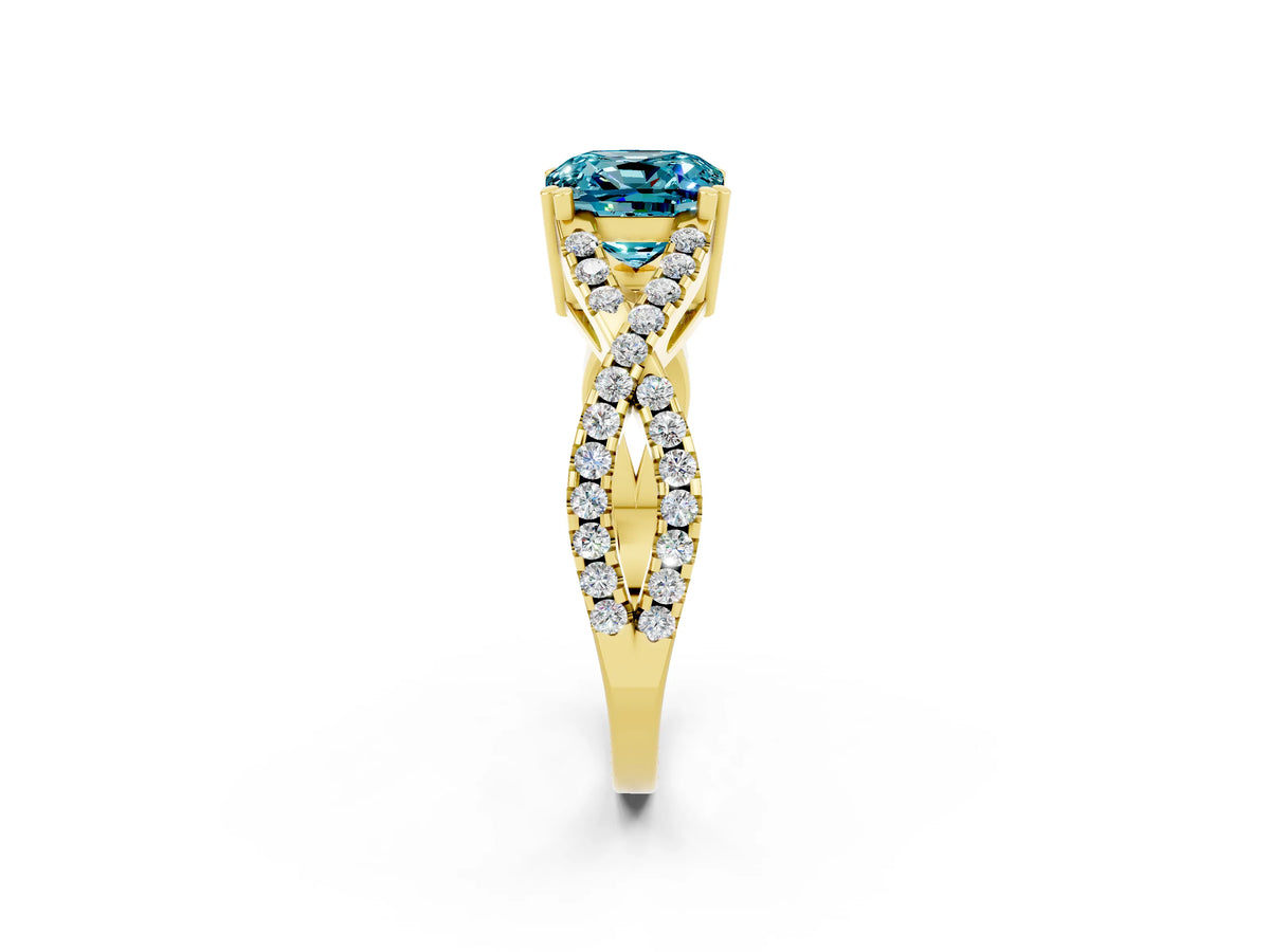 Cushion Cut Blue Topaz Solitaire Ring in Yellow gold with Interwoven Pavé Band and Prong Setting_2