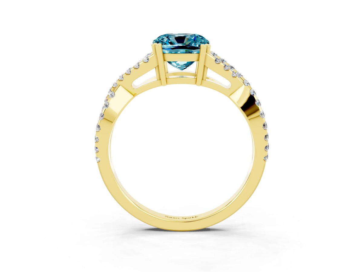Cushion Cut Blue Topaz Solitaire Ring in Yellow gold with Interwoven Pavé Band and Prong Setting_3