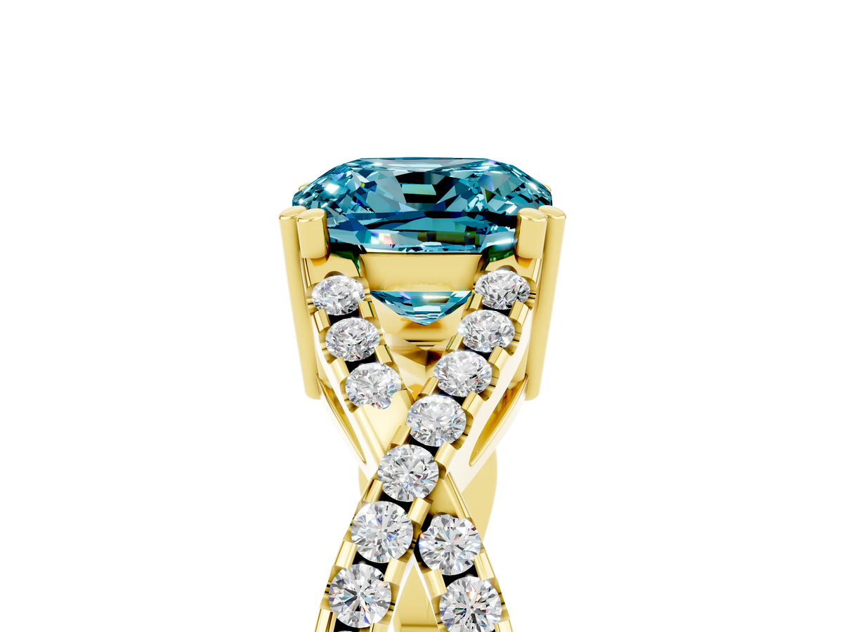Cushion Cut Blue Topaz Solitaire Ring in Yellow gold with Interwoven Pavé Band and Prong Setting_5