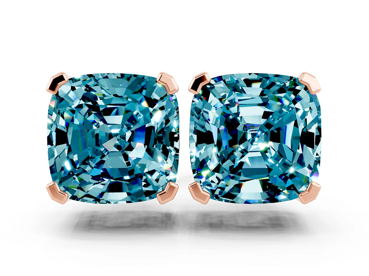 Cushion Cut Blue Topaz Stud Earrings in Rose gold with Basket Setting