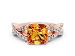 Cushion Cut Citrine Solitaire Ring in Rose gold with Interwoven Pavé Band and Prong Setting