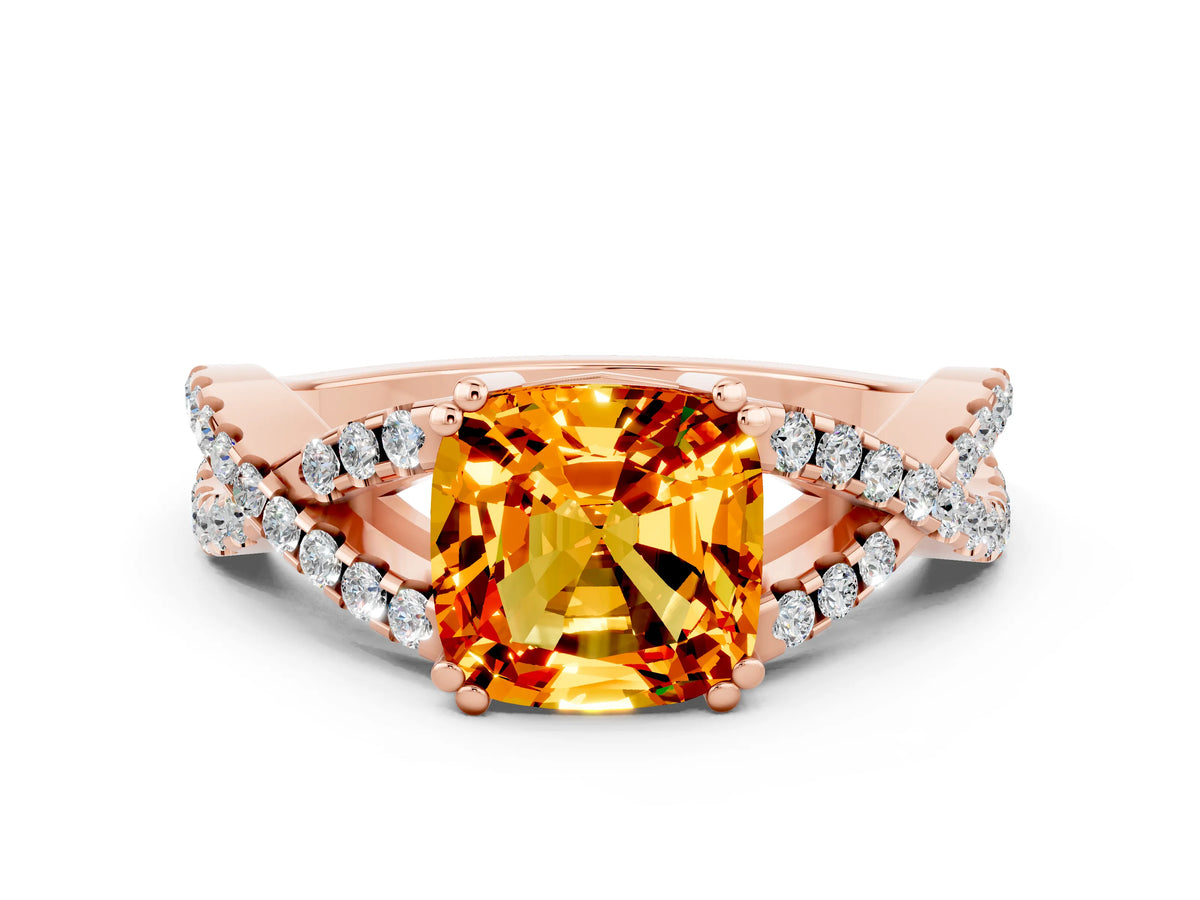 Cushion Cut Citrine Solitaire Ring in Rose gold with Interwoven Pavé Band and Prong Setting