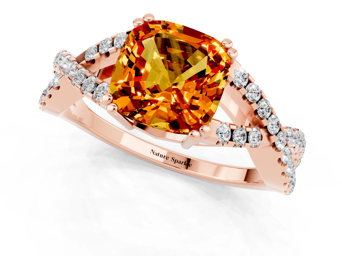 Cushion Cut Citrine Solitaire Ring in Rose gold with Interwoven Pavé Band and Prong Setting_1