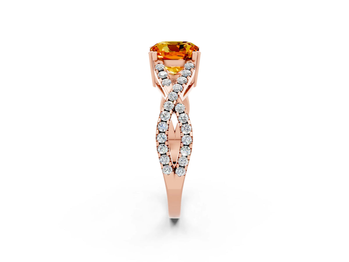 Cushion Cut Citrine Solitaire Ring in Rose gold with Interwoven Pavé Band and Prong Setting_2