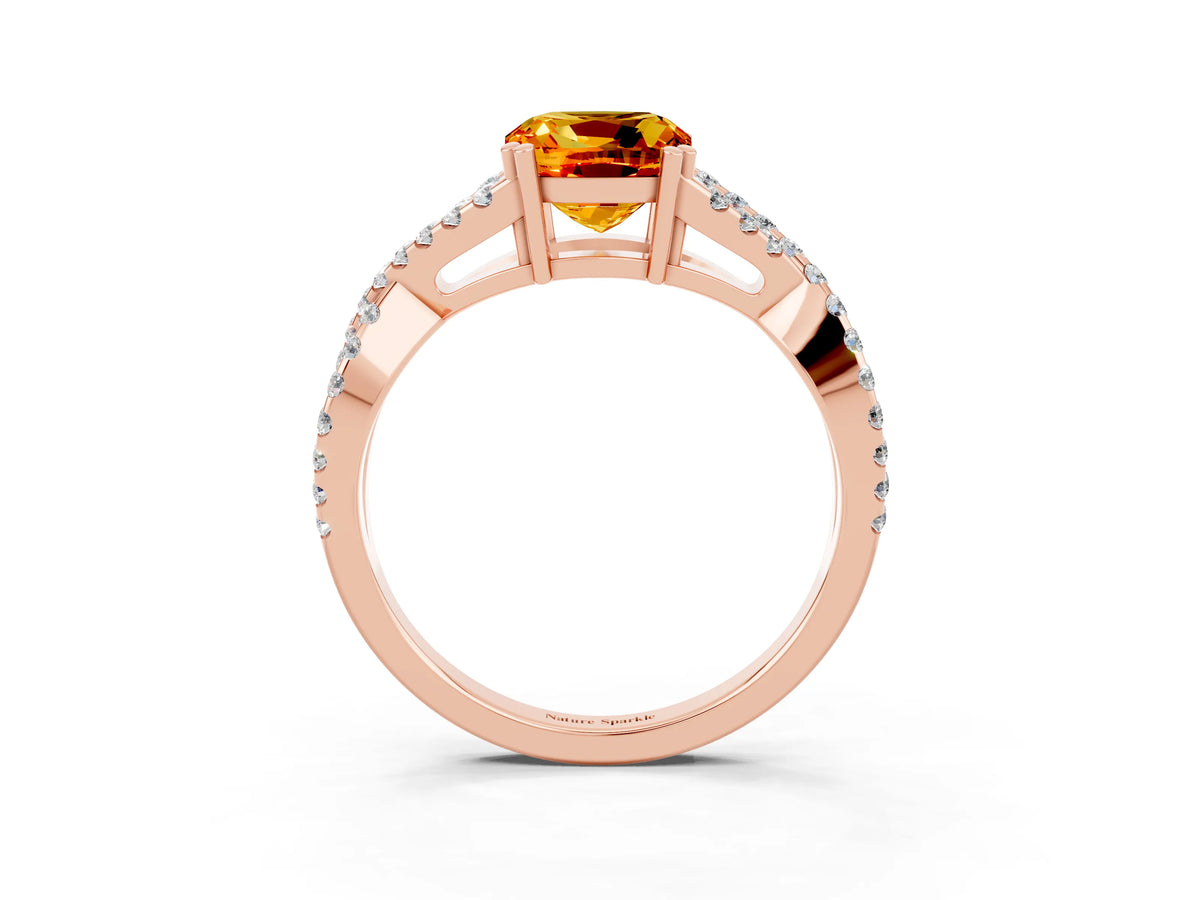 Cushion Cut Citrine Solitaire Ring in Rose gold with Interwoven Pavé Band and Prong Setting_3