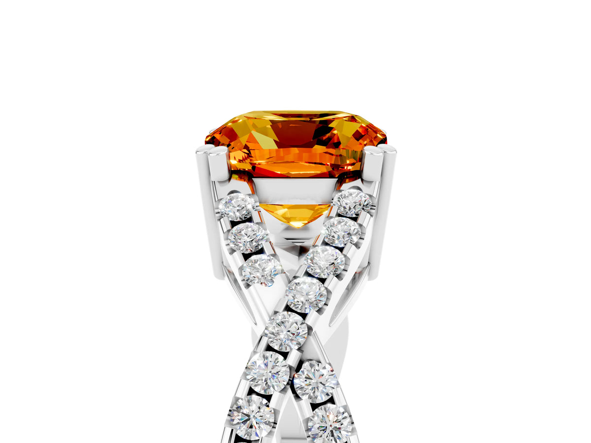 Cushion Cut Citrine Solitaire Ring in Silver with Interwoven Pavé Band and Prong Setting_11