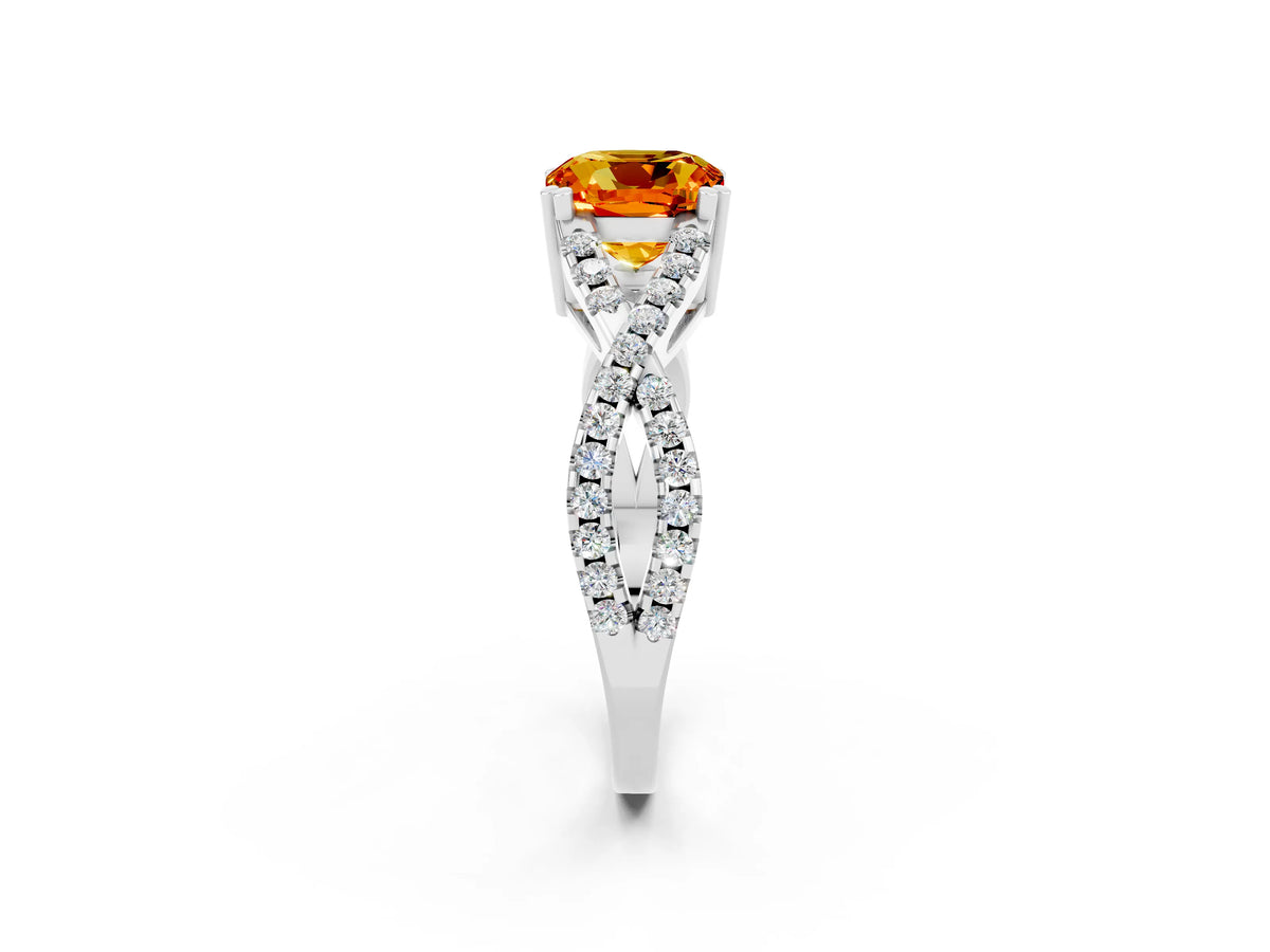 Cushion Cut Citrine Solitaire Ring in Silver with Interwoven Pavé Band and Prong Setting_8