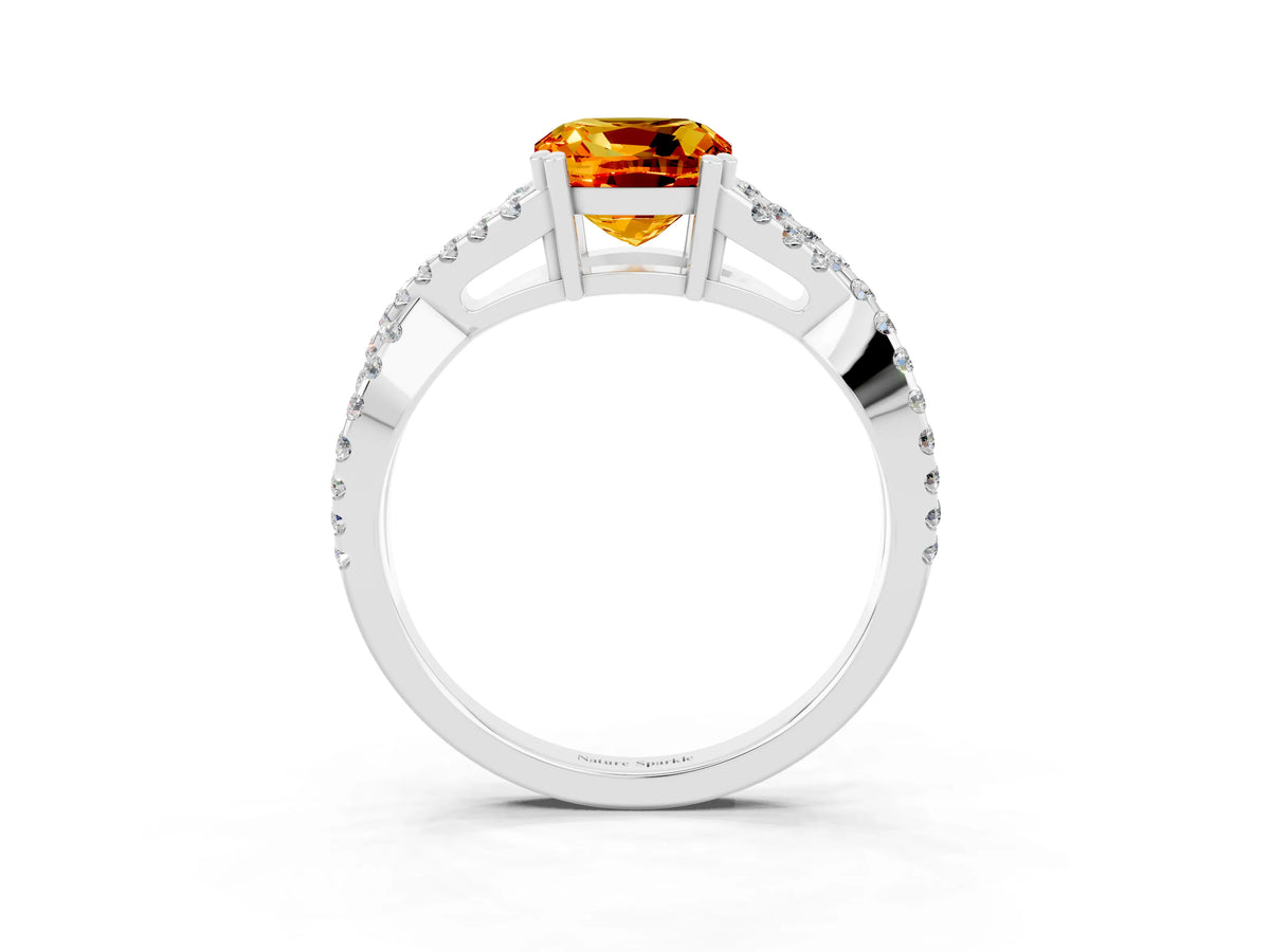 Cushion Cut Citrine Solitaire Ring in Silver with Interwoven Pavé Band and Prong Setting_9