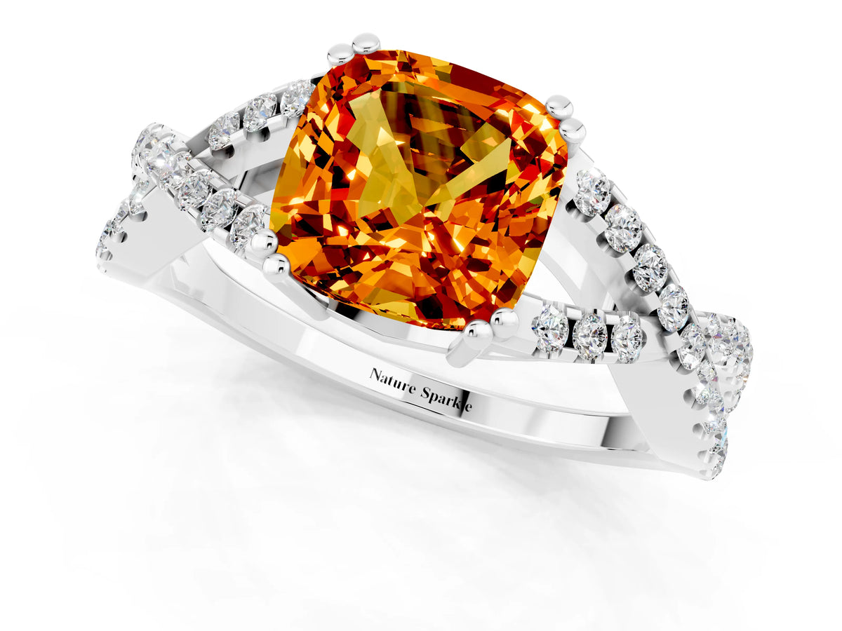Cushion Cut Citrine Solitaire Ring in White gold with Interwoven Pavé Band and Prong Setting_1