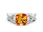 Cushion Cut Citrine Solitaire Ring in White gold with Interwoven Pavé Band and Prong Setting
