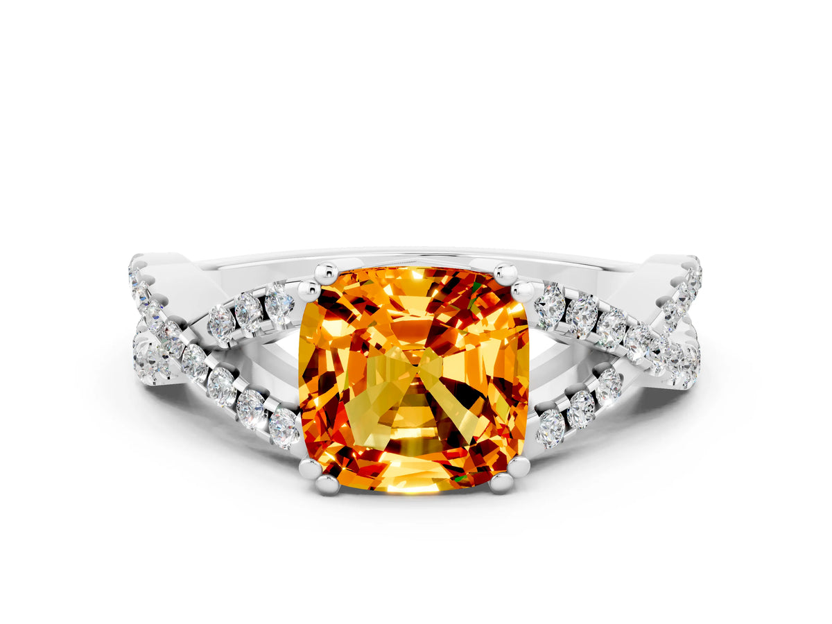 Cushion Cut Citrine Solitaire Ring in White gold with Interwoven Pavé Band and Prong Setting