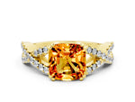 Cushion Cut Citrine Solitaire Ring in Yellow gold with Interwoven Pavé Band and Prong Setting