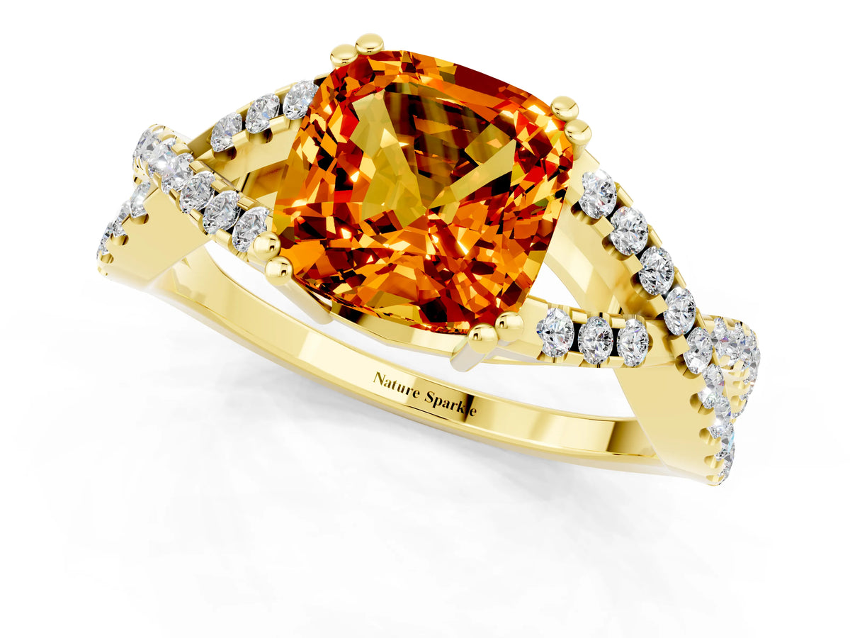 Cushion Cut Citrine Solitaire Ring in Yellow gold with Interwoven Pavé Band and Prong Setting_1