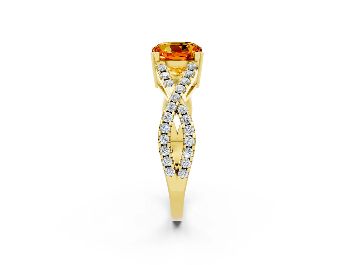 Cushion Cut Citrine Solitaire Ring in Yellow gold with Interwoven Pavé Band and Prong Setting_2
