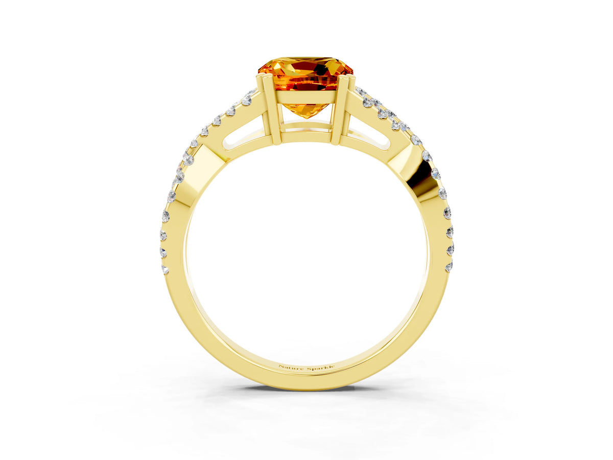 Cushion Cut Citrine Solitaire Ring in Yellow gold with Interwoven Pavé Band and Prong Setting_3