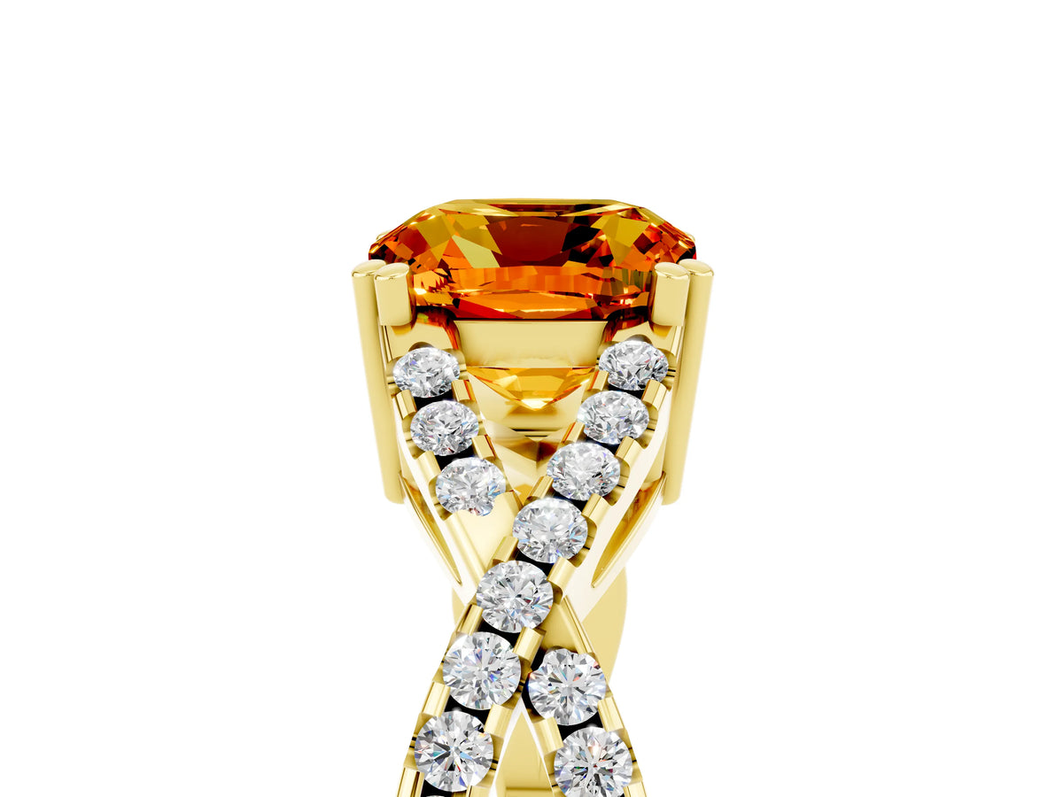 Cushion Cut Citrine Solitaire Ring in Yellow gold with Interwoven Pavé Band and Prong Setting_5