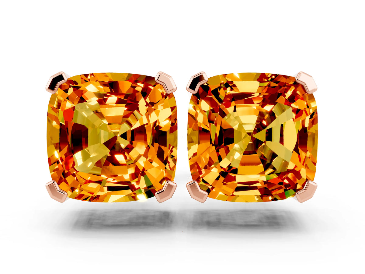 Cushion Cut Citrine Stud Earrings in Rose gold with Basket Setting