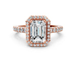 Cushion Cut Diamond Halo Engagement Ring in Rose gold with Milgrain Detail and Pavé Band