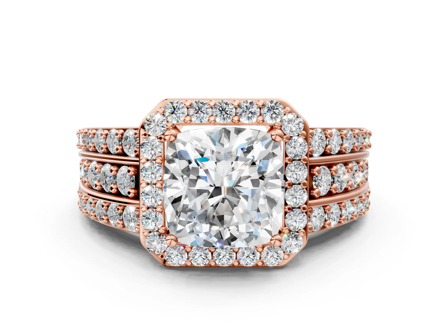 Cushion Cut Diamond Halo Engagement Ring in Rose gold with Triple-Row Round Band_18