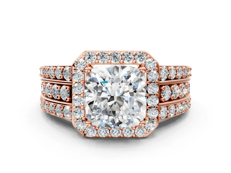 Cushion Cut Diamond Halo Engagement Ring in Rose gold with Triple-Row Round Band