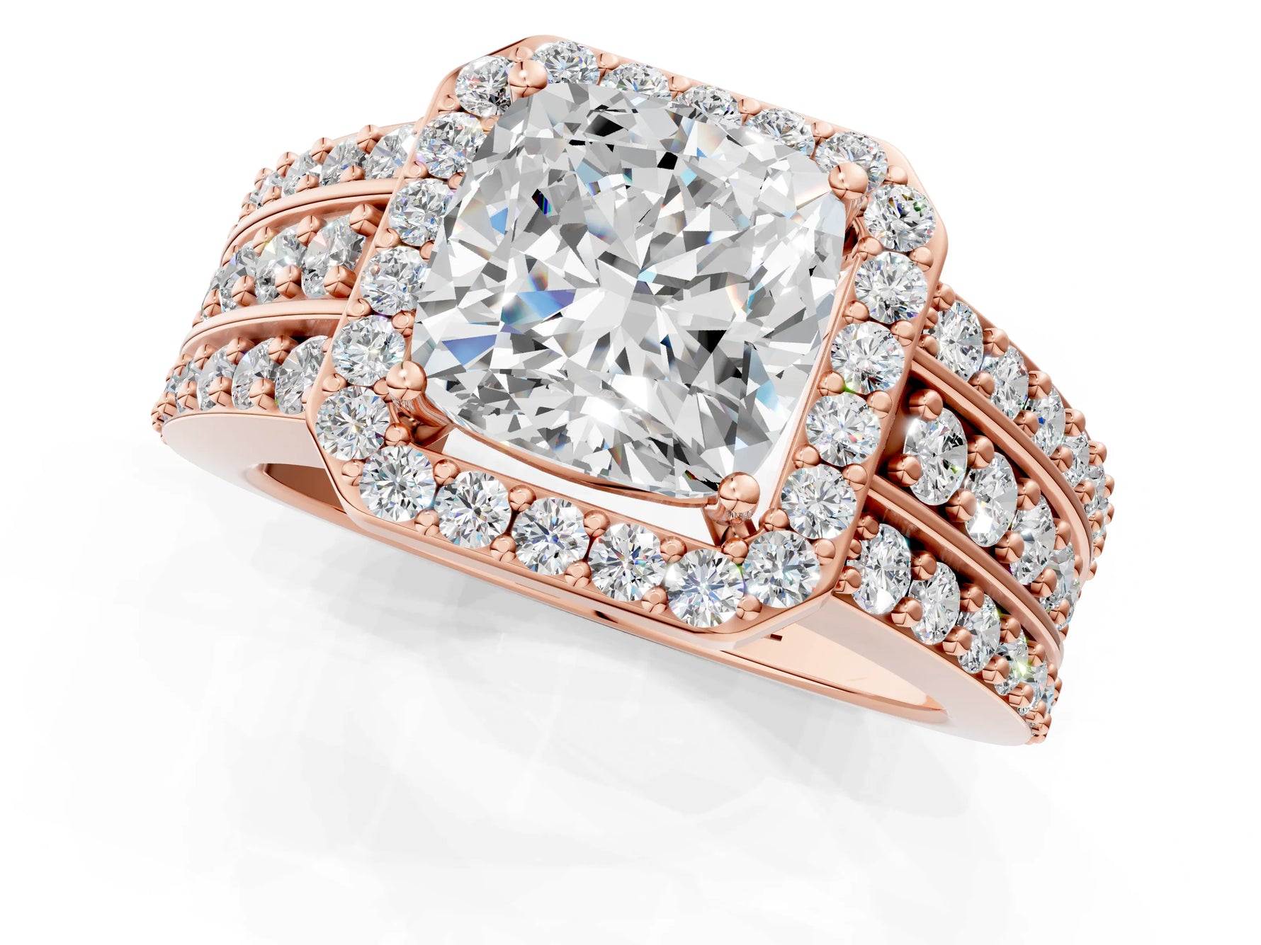 Cushion Cut Diamond Halo Engagement Ring in Rose gold with Triple-Row Round Band_19