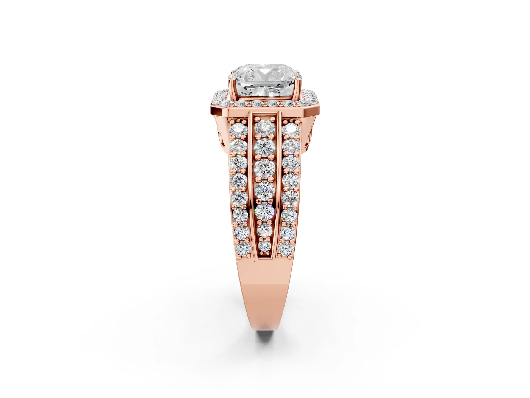 Cushion Cut Diamond Halo Engagement Ring in Rose gold with Triple-Row Round Band_20