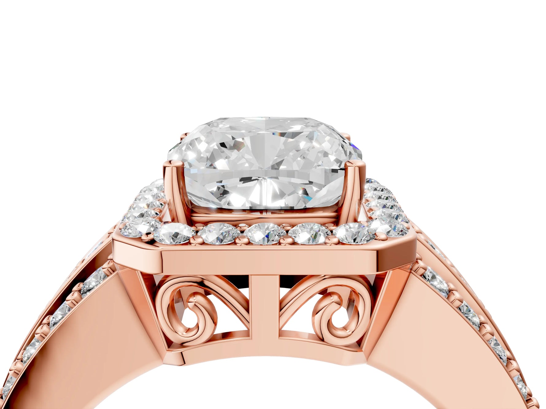 Cushion Cut Diamond Halo Engagement Ring in Rose gold with Triple-Row Round Band_22